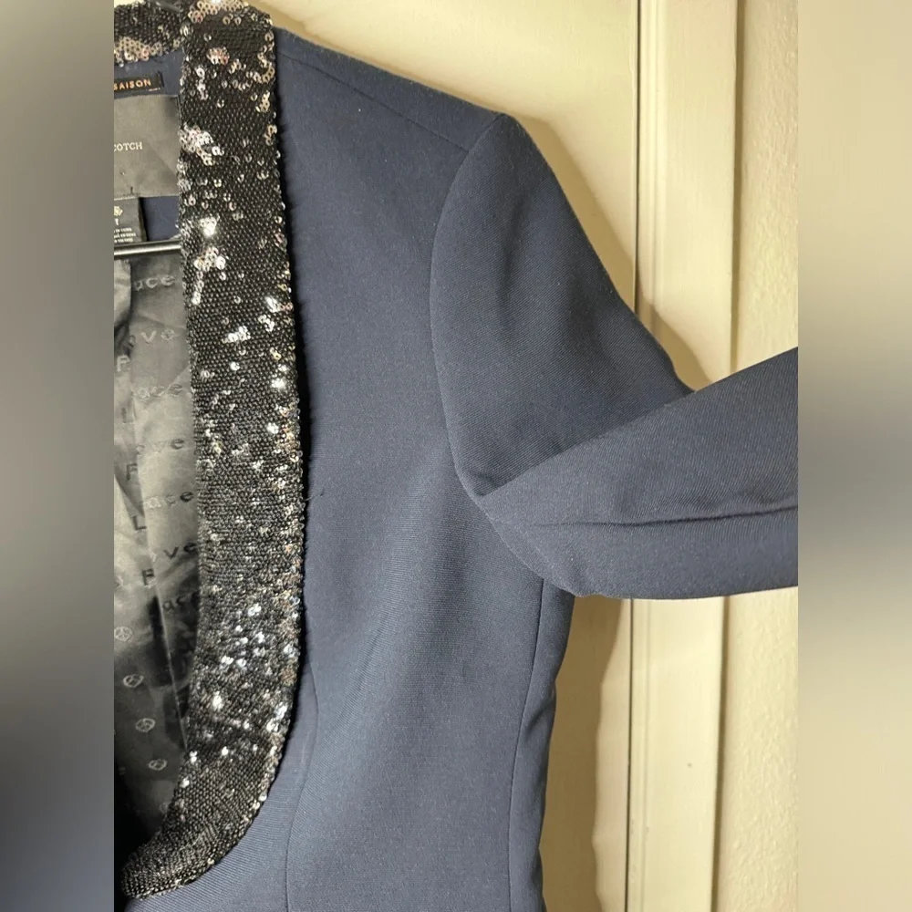 Maison Scotch Navy Blue Black Sequin Single Button Closure Tuxedo Blazer Size 1